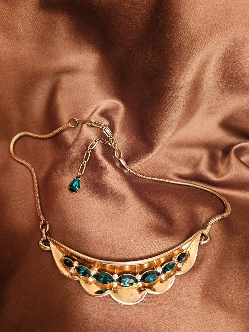 Vintage Corocraft green rhinestone mid-century necklace- hallmarked